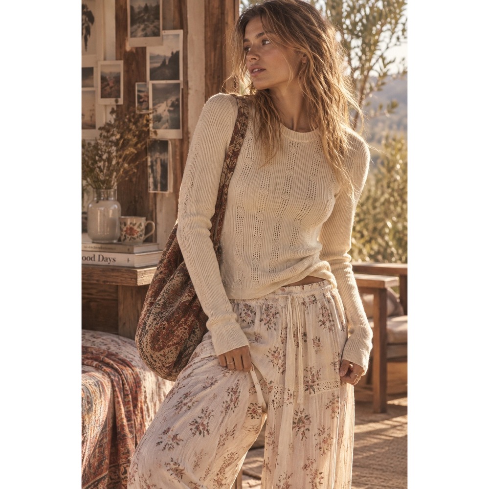 Elie Tahari Merino Wool Silk Pointelle Bobble Knit Sweater Cream EN5YG505 Small